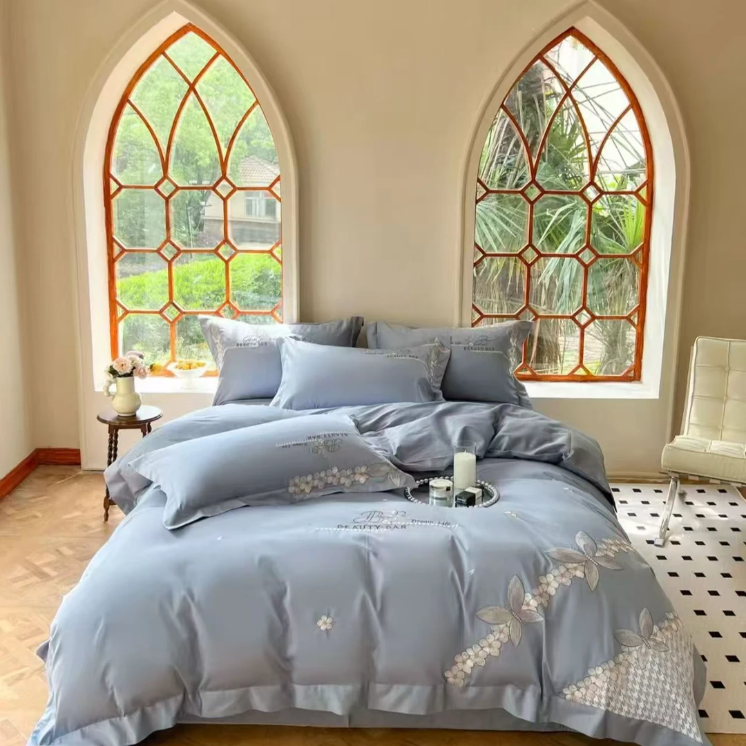 【三总】超柔加密长绒棉刺绣四件套-绣蝴蝶-湖蓝