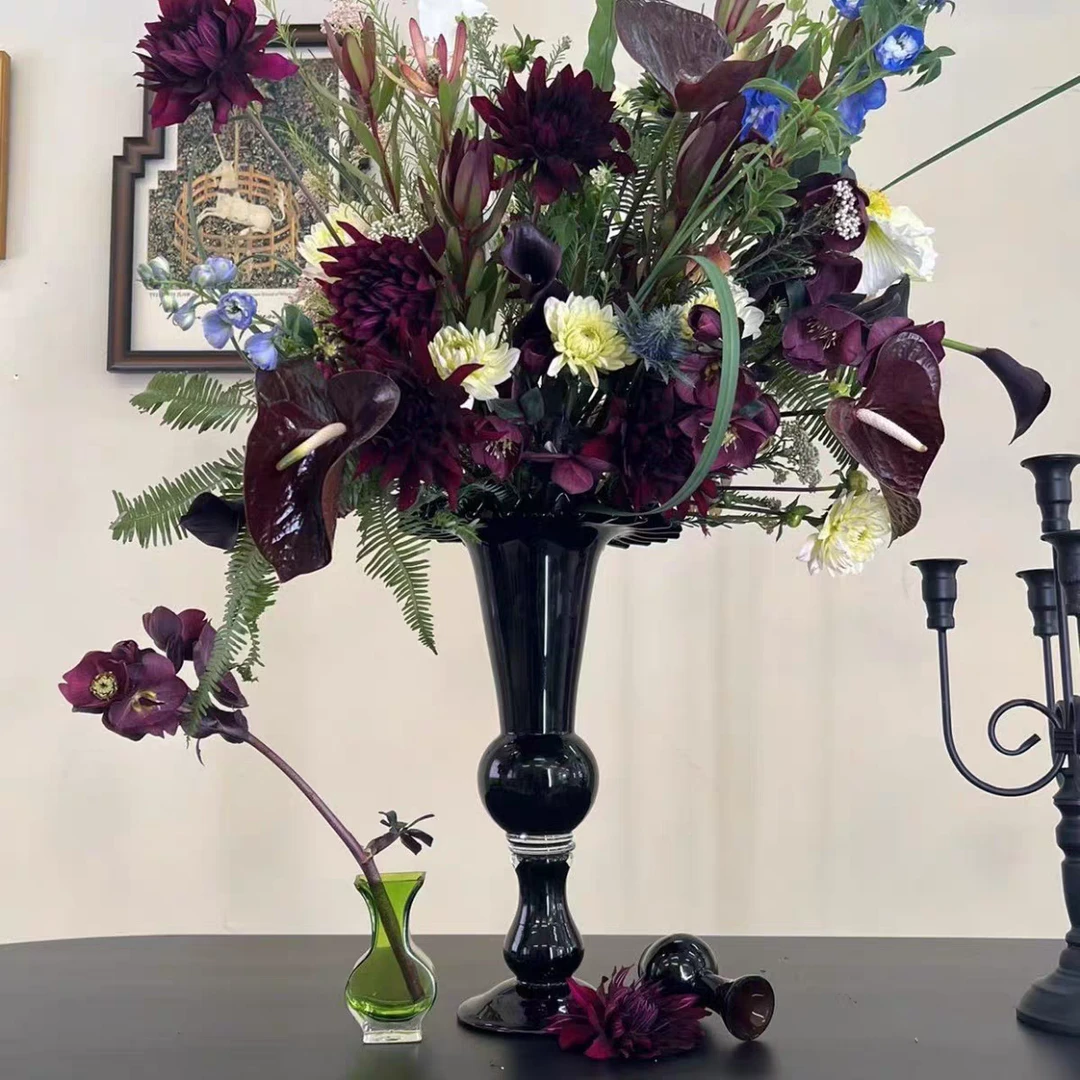 中古黑色琉璃高脚花瓶风灯花器高级感简约复古风装饰花瓶插花摆件