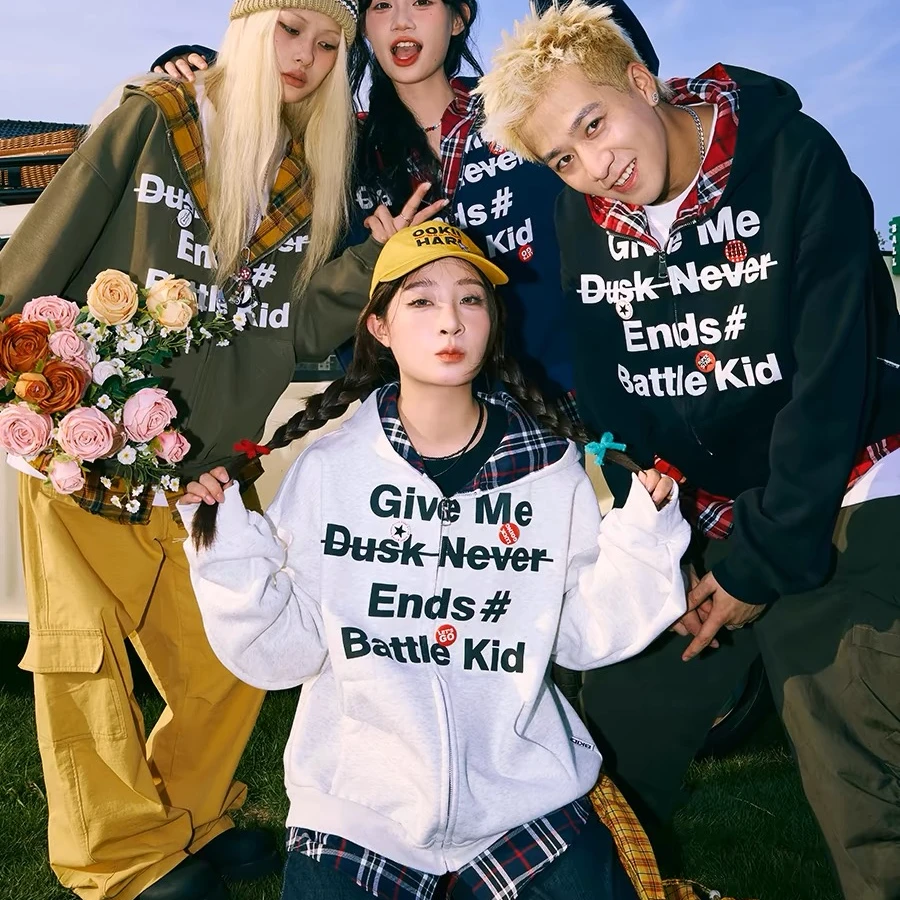 美式潮牌假两件情侣款开衫卫衣宽松格子撞色字母短外套连帽