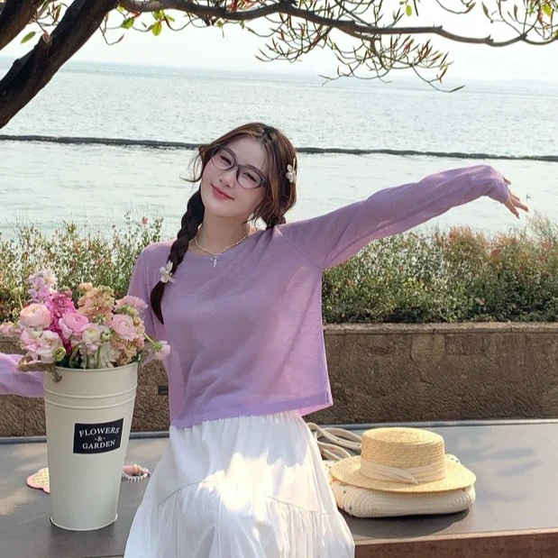 糖果色小个子短款长袖T恤女防晒衫薄款夏季新款韩版修身微透罩衫