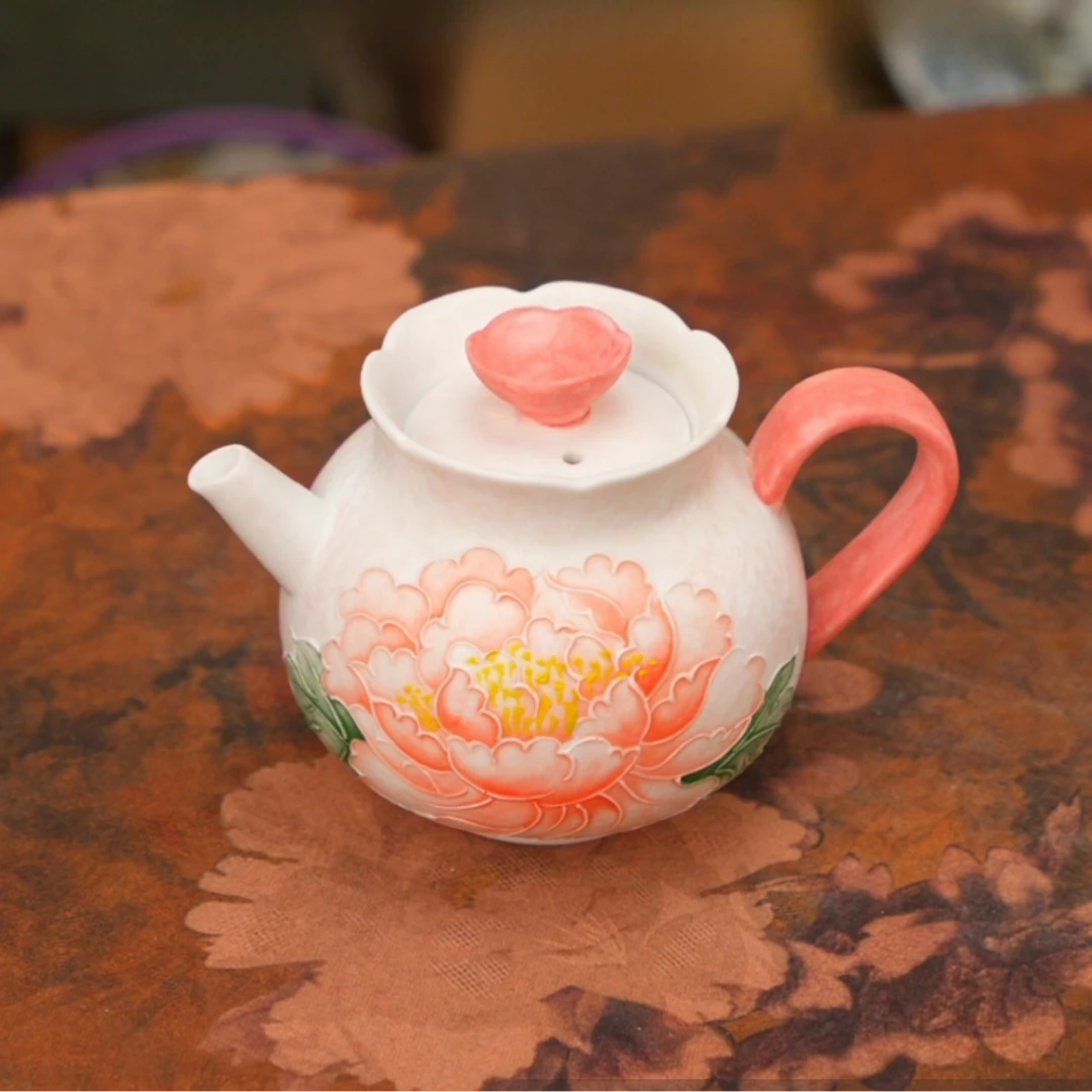 粉色牡丹小花口泡茶壶 A13926