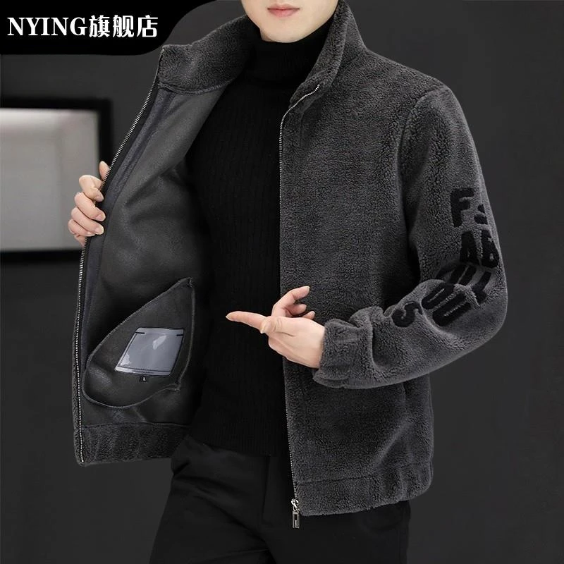 NYING秋冬季毛呢夹克刺绣卫衣加绒加厚男士时尚休闲百搭开衫外套