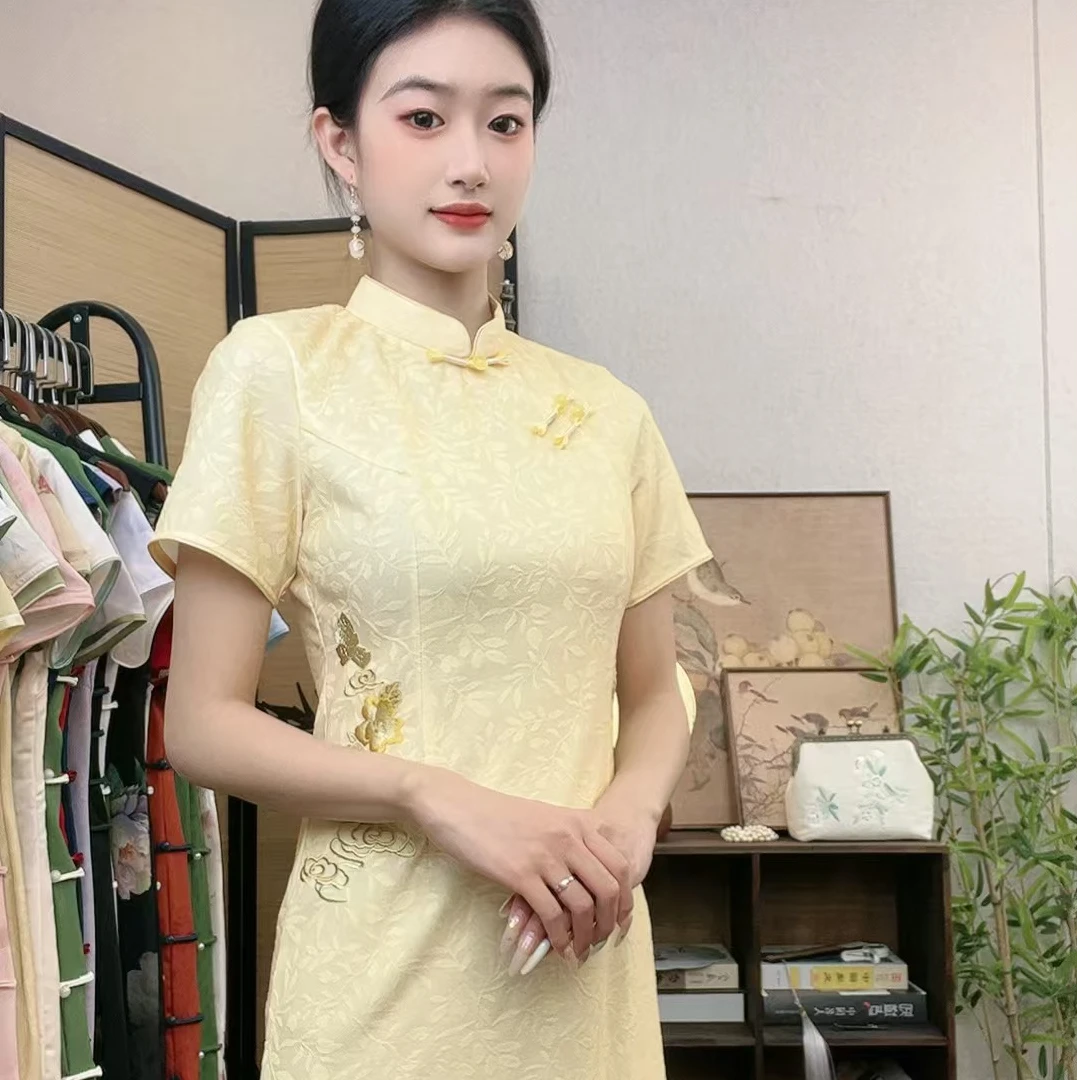 AS-旗袍【三色刺绣定制款】夏季气质中式显瘦简约印花连衣裙气质