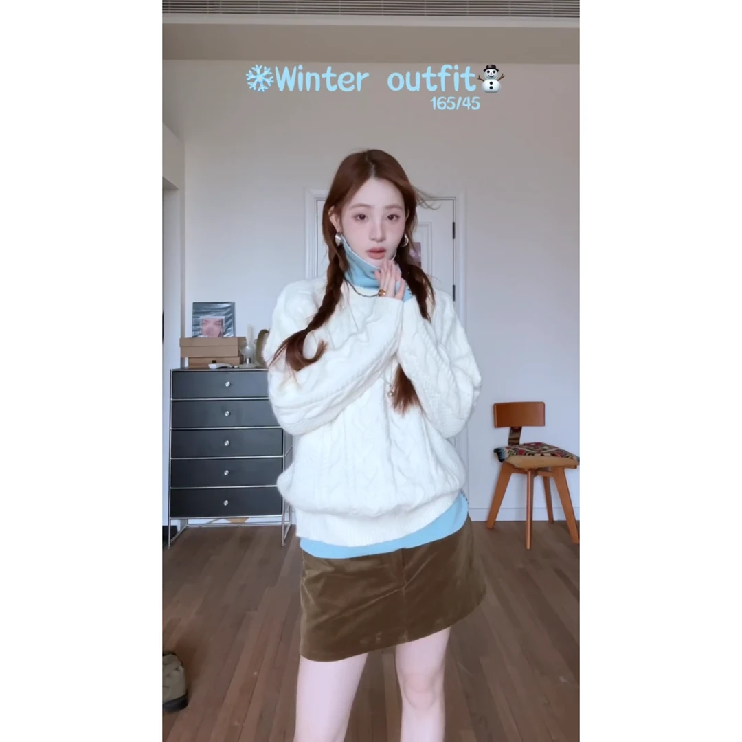 MARIE.COCO秋冬韩洗少女风高领针织衫叠穿软糯毛衣半身裙气质套装
