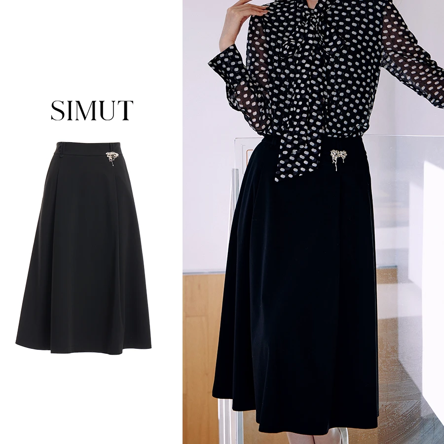 SIMUT思慕缇黑色法式高腰时尚气质中长款伞裙百搭显瘦女装半身裙