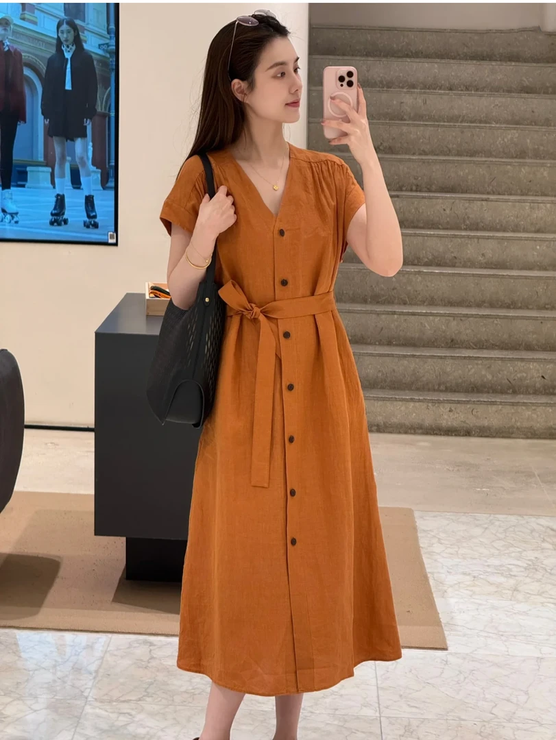 外贸IC禾橙色慵懒风V领亚麻透气腰带收腰显瘦单排扣中长连衣裙