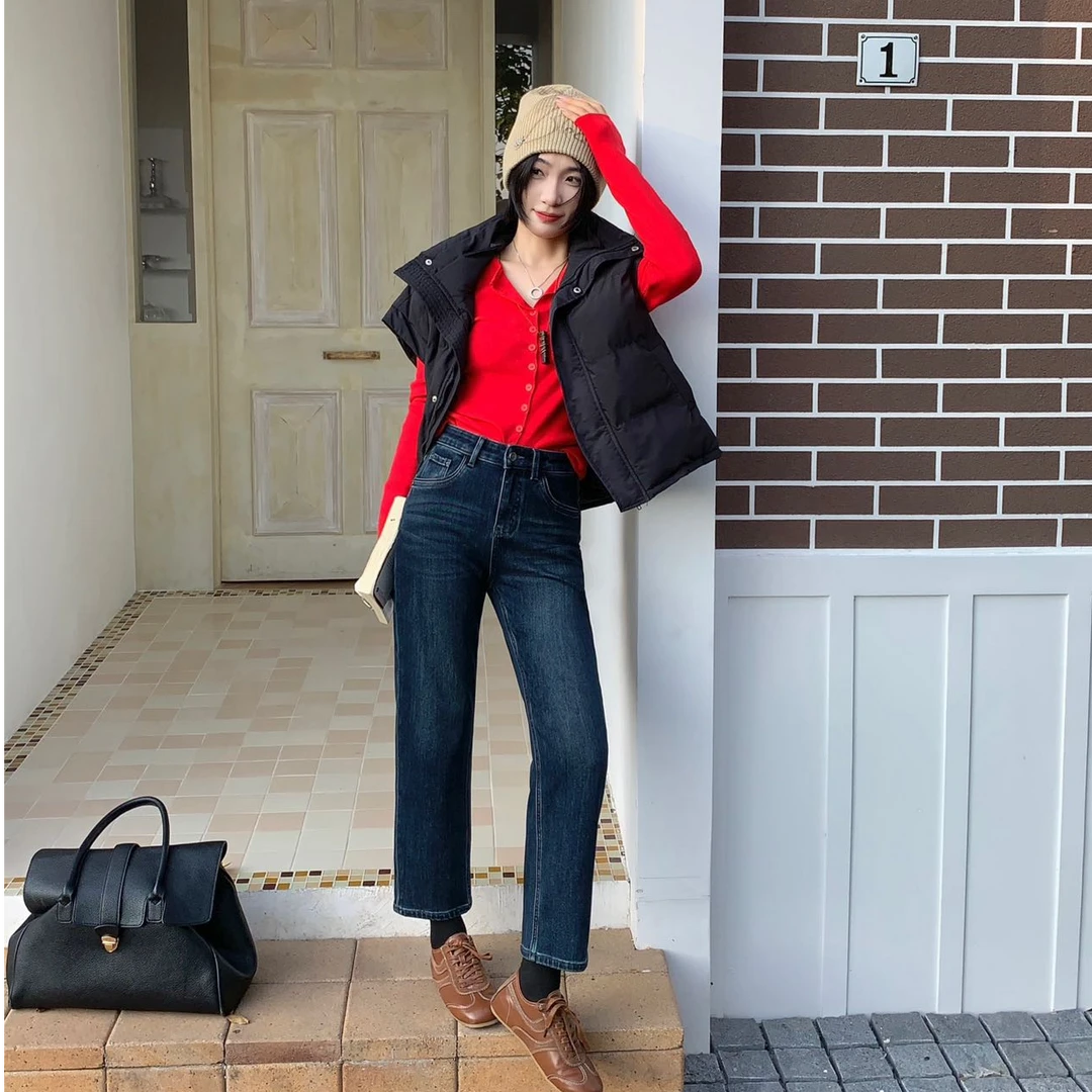 M.Duo【25913绒】2025冬季时尚百搭显瘦弹力修身加绒九分烟管牛仔裤