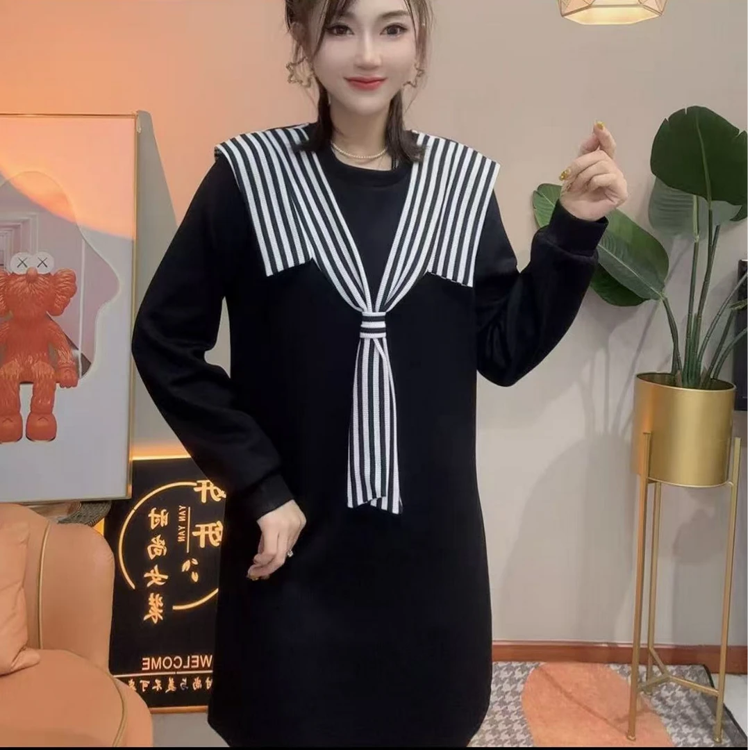 【芊莱】ins风条纹拼接长袖秋冬披肩海军领秋季圆领两件女