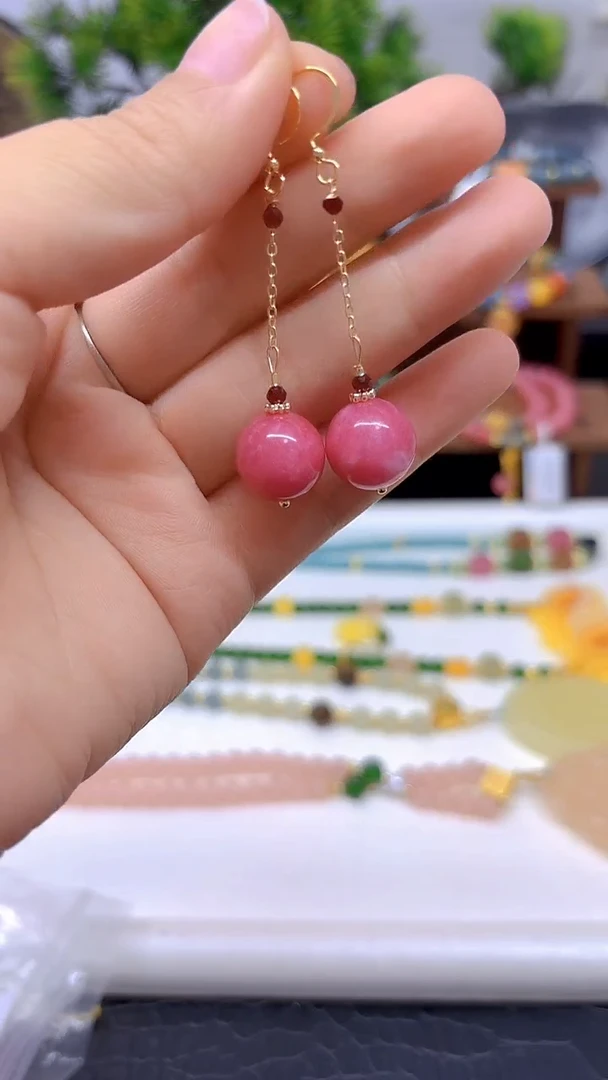 菱锰矿（红纹石）14K金镶嵌耳坠E613