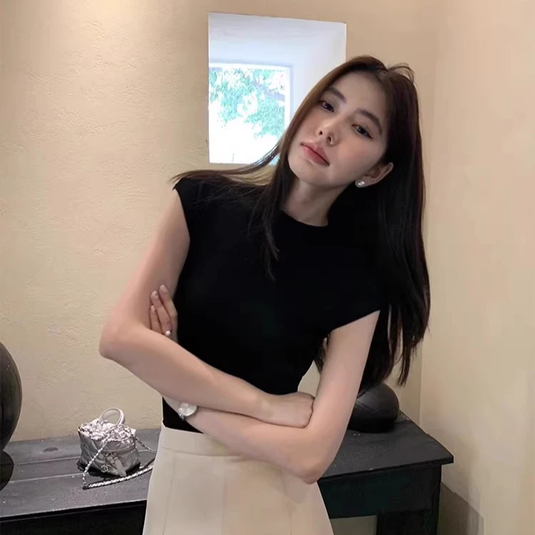 2025夏季新款女装黑色设计感针织衫百搭气质修身紧身上衣短袖t恤
