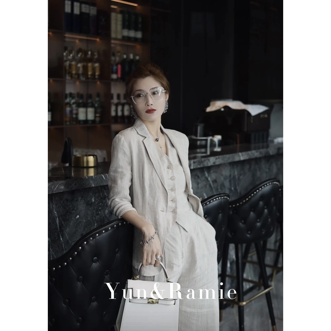 100%雨露亚麻防晒套装【苎韵】网红洋气炸街女装亚麻西装外套女老钱