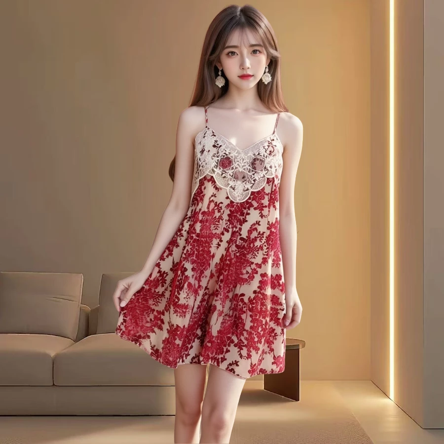 薄款金丝绒性感睡衣轻奢法式女士蕾丝睡裙吊带睡衣短裙纯欲绮