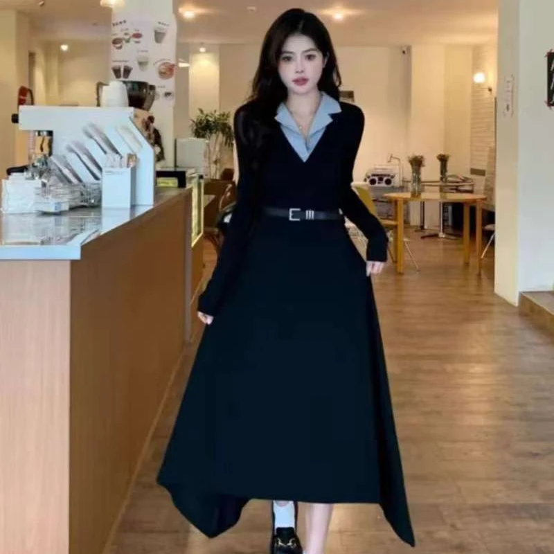 （现货）韩版翻领拼接假两件连衣裙秋冬高级感收腰显瘦裙子1656