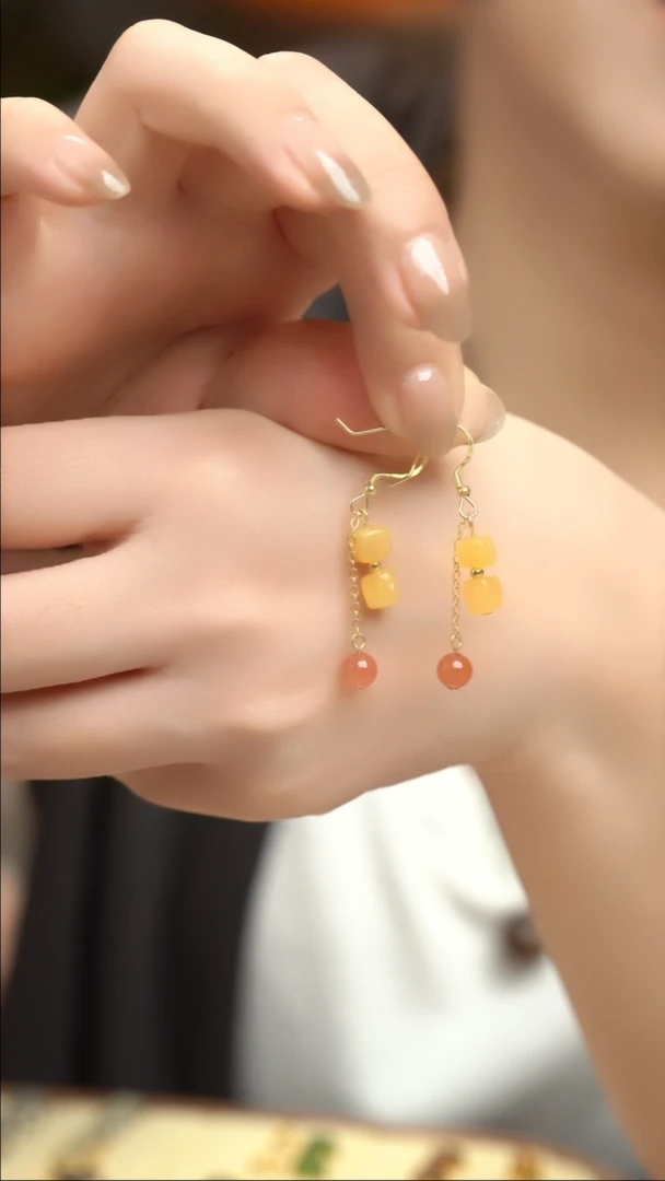 蜜蜡银S925镀金镶嵌耳饰蜜蜡方糖时尚耳坠
