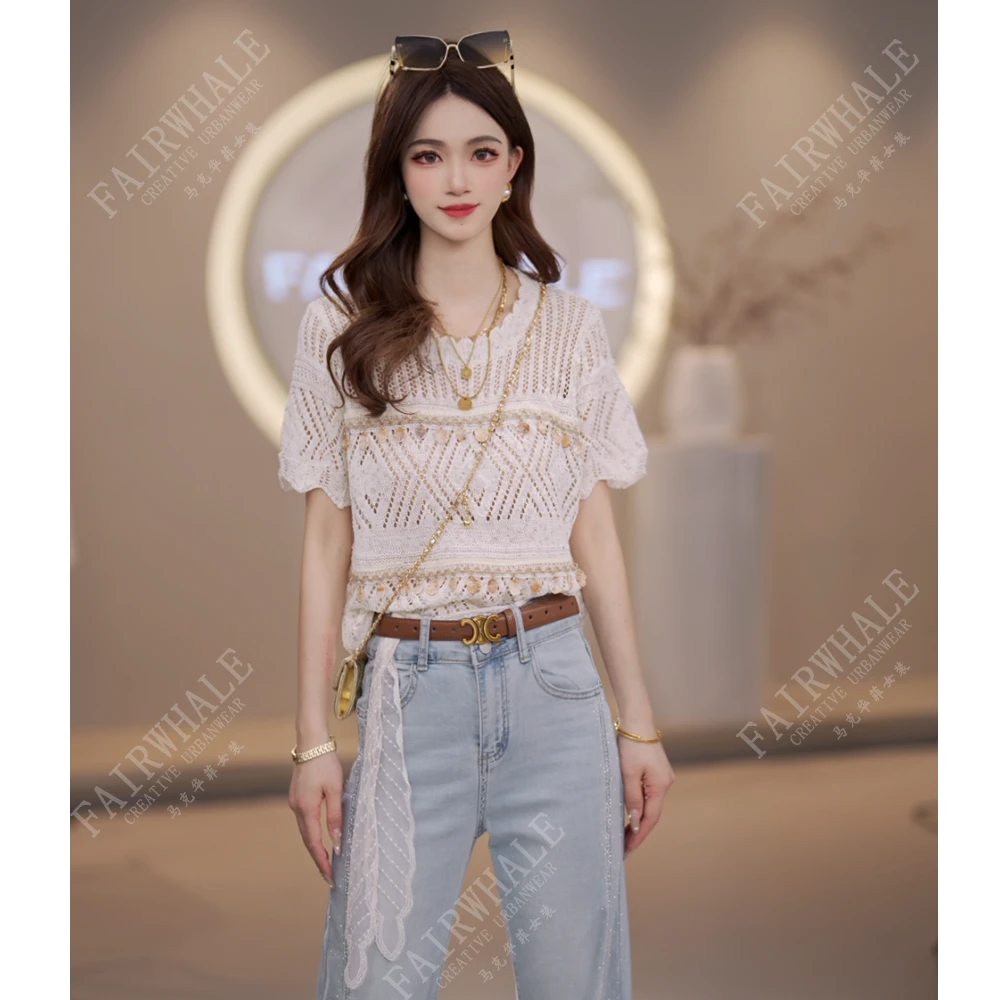 马克华菲女装夏季2025气质重工蕾丝刺绣薄款镂空透气小衫法式休闲