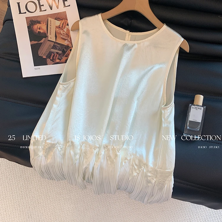 2025夏季新款法式圆领缎面拼接褶皱吊带背心女高级感醋酸无袖上衣