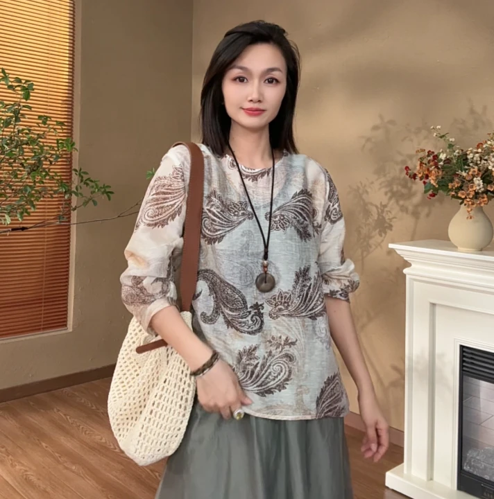 [‌‌‌‌‌‌听风‌]Z656复古宽松显瘦上衣夏季新中式新款休闲长袖时尚