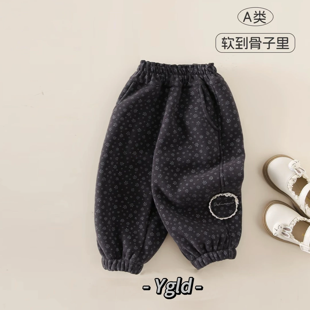 婴格朗迪加绒中厚K16女童宝宝秋冬韩系休闲百搭碎花束脚长裤