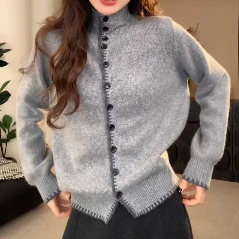 【立领蕾丝撞色】毛衣女款新款洋气百搭针织开衫上衣LK2509043