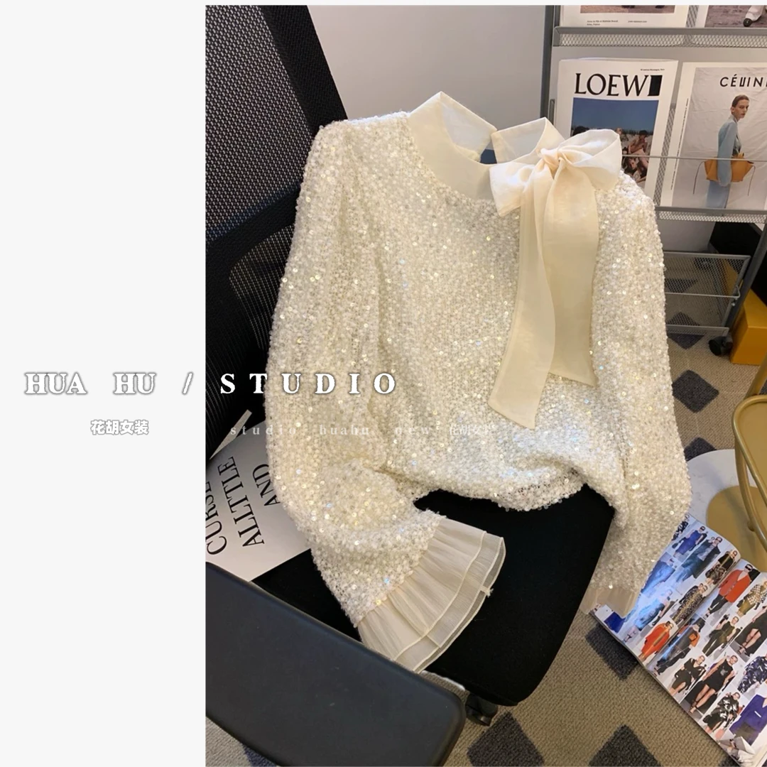 【明玉】外贸专柜撤回闪闪千金蝴蝶结衬衣new独特喇叭袖上衣气质