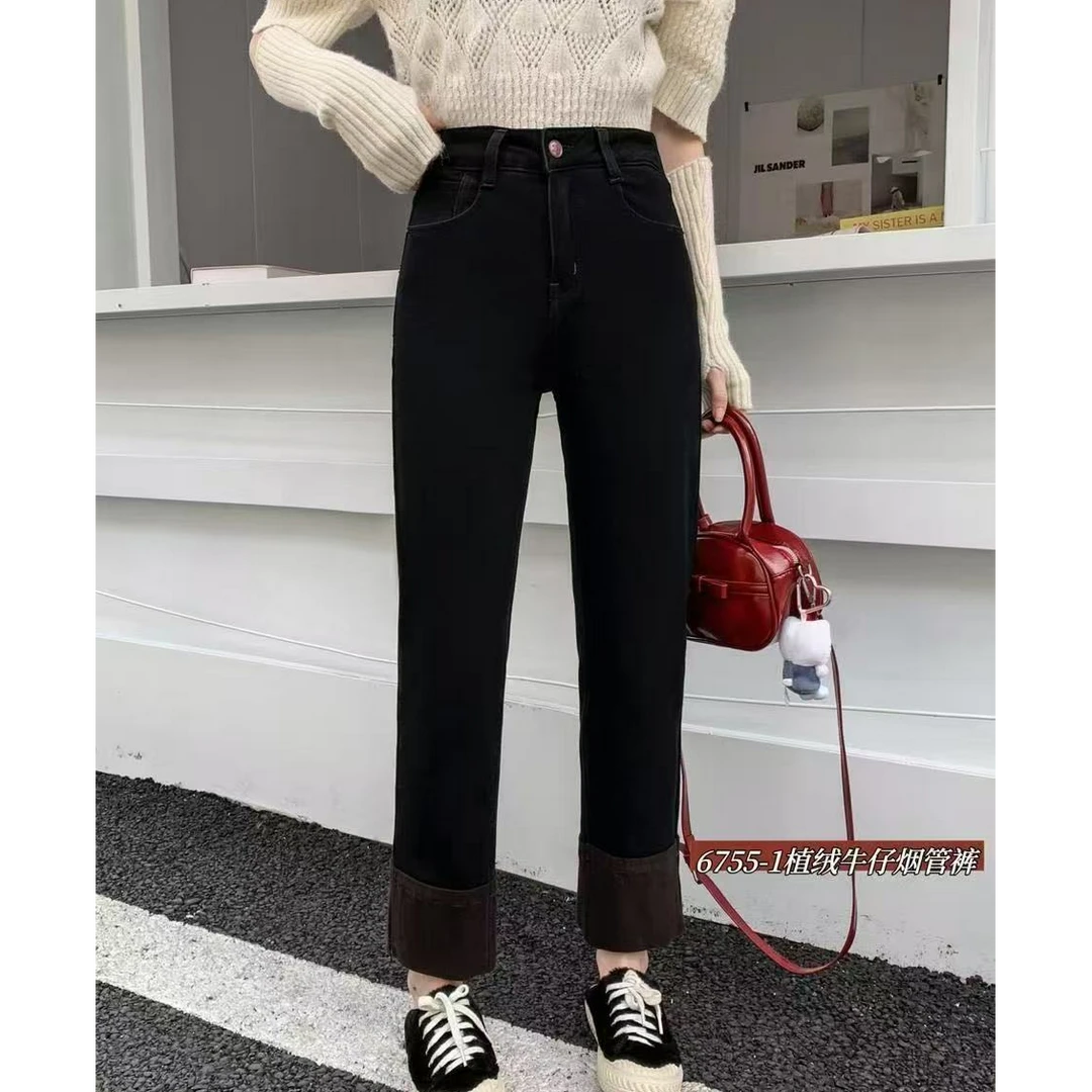K515黑植绒牛仔烟管裤6755-1