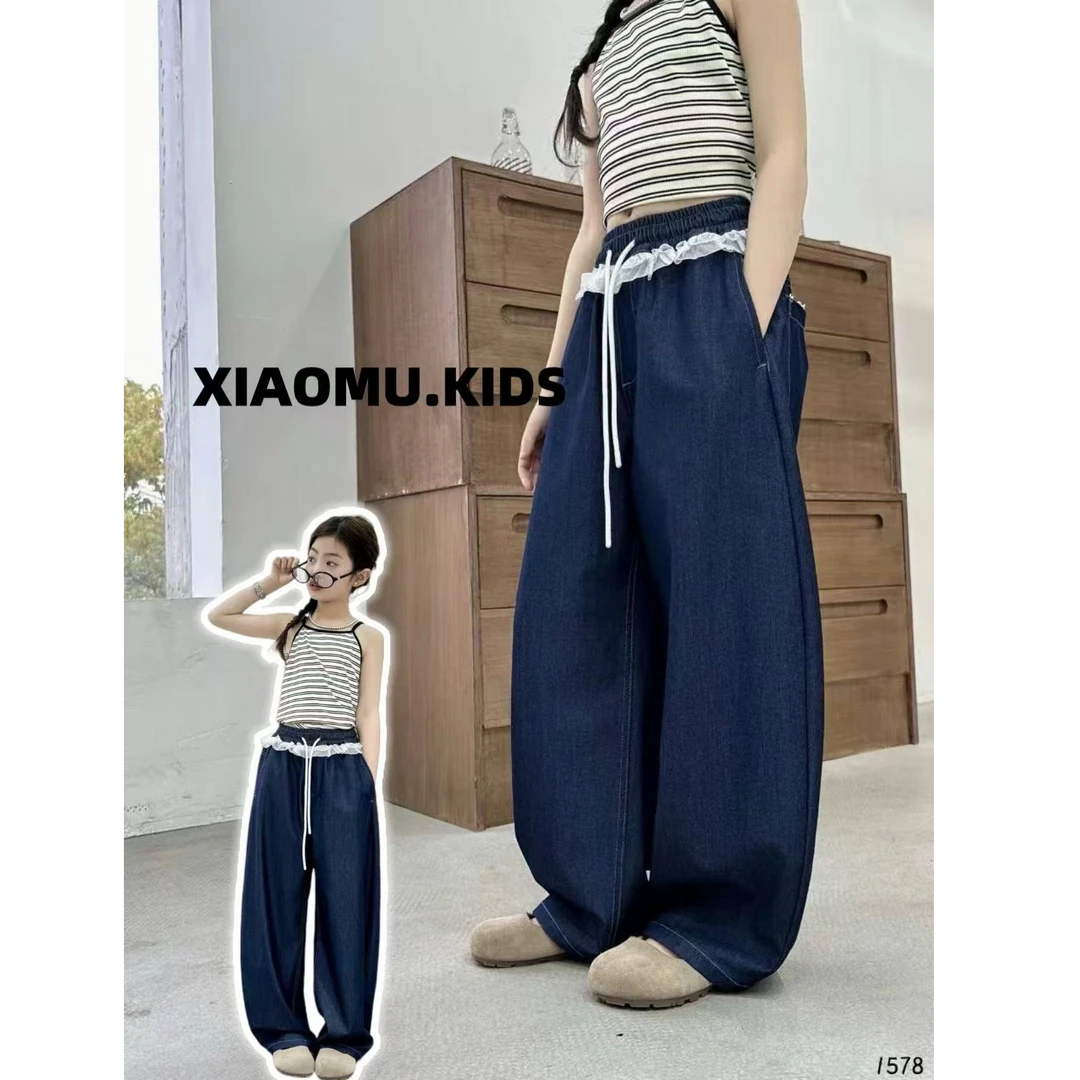 【小慕家】2025夏儿童中大童美潮风弯刀蕾丝边抽绳宽松牛仔裤1578