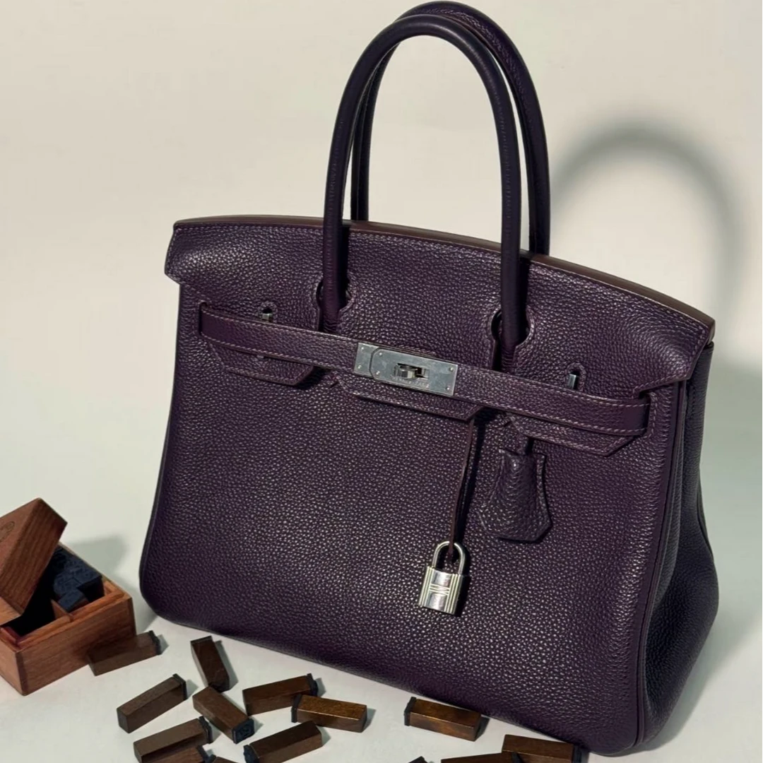 99新 Hermes/爱马仕 小花6珊 Birkin 30 加仑紫 togo 框N 银扣包