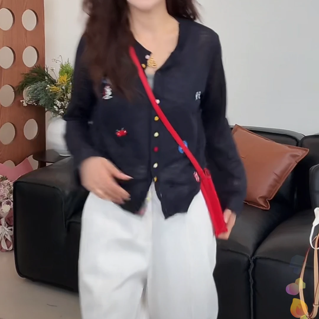 卡通刺绣彩色单排扣薄款针织开衫2025春夏新款设计感防晒长袖上衣