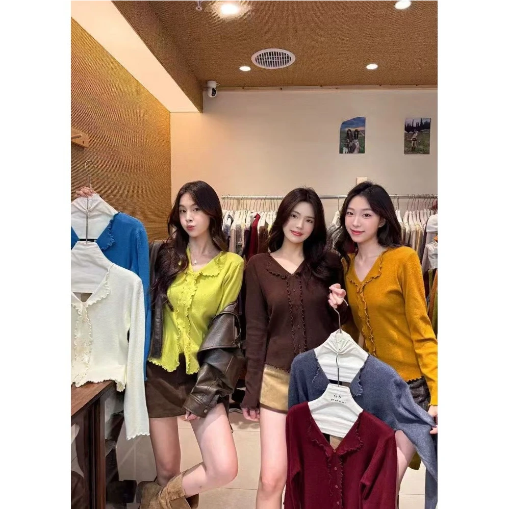 韩系荷叶边v领长袖针织衫女时尚百搭新款修身显瘦打底衫上衣I2-71