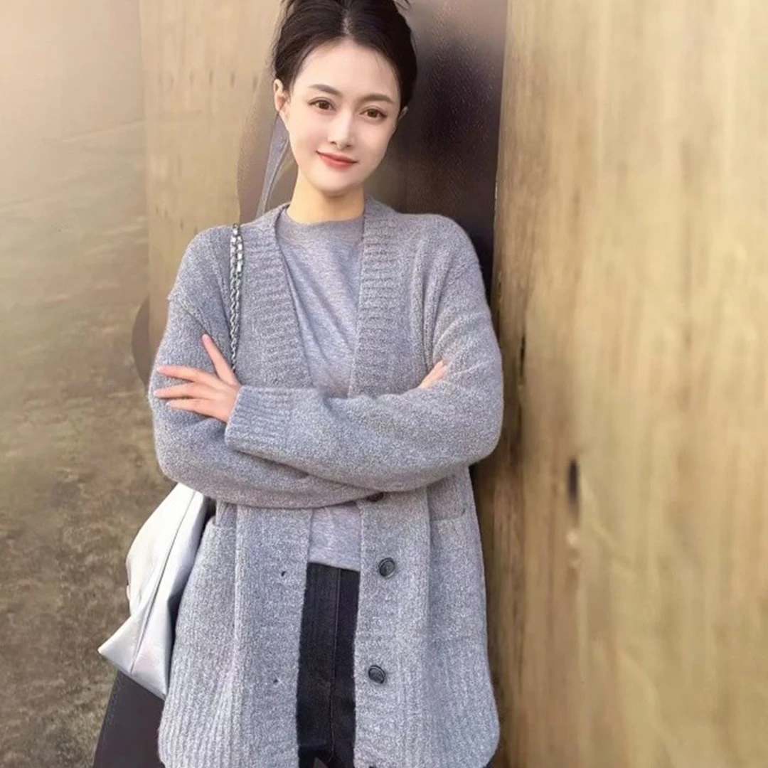 女装同款商场春秋新款百搭简约宽松V领羊绒针织开衫外套5499283