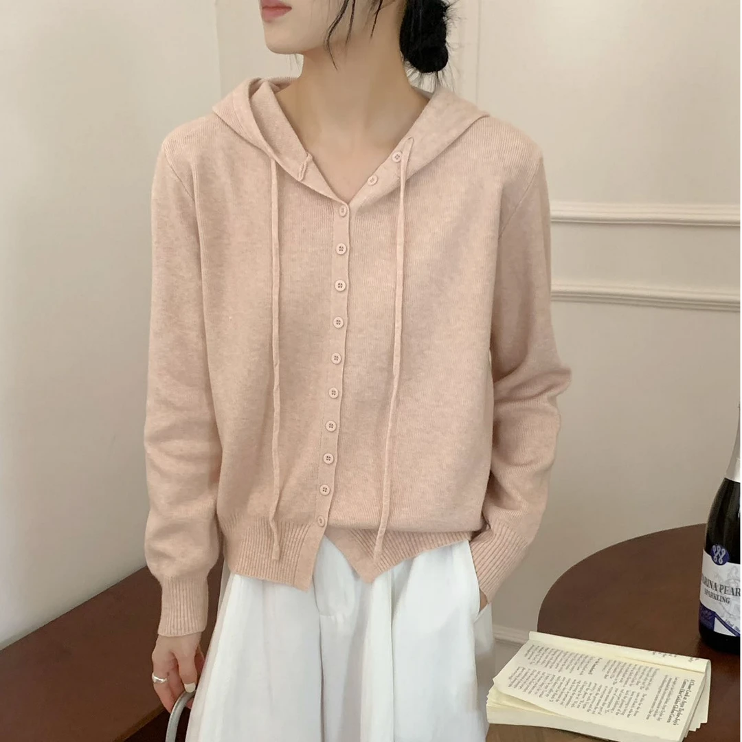 【秋季新款】纯色帽衫拼接秋冬毛针织衫法式薄款连帽百搭慵懒风纯色