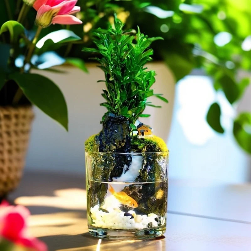 [禅境] 高货圆缸流沙瀑布老桩黄杨桌面景观10*10（不带鱼）