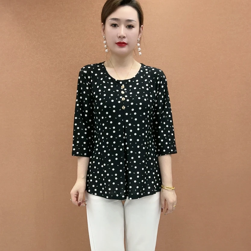 夏季新款女士圆领中袖T恤打底衫宽松大码碎花圆点中年上衣