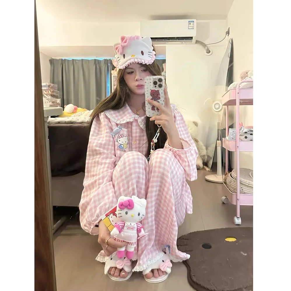 春秋季甜美可爱粉格子hellokitty睡衣女长袖长裤可外穿家居服套装