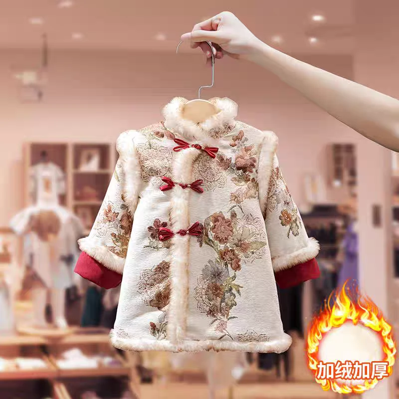 儿童旗袍冬款女童拜年服加厚冬装小童喜庆国风红色女旗袍汉服公主