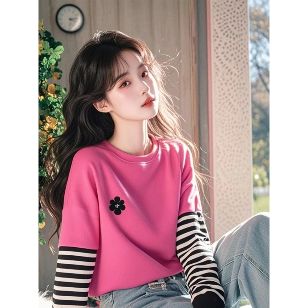 玫红色条纹拼接长袖T恤女2025春季新款小个子甜美小众多巴胺上衣