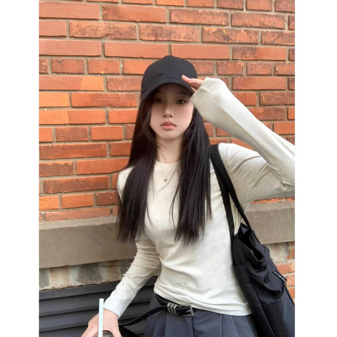 极简纯色小圆领长袖上衣女春秋季修身显瘦内搭T恤别致正肩打底衫