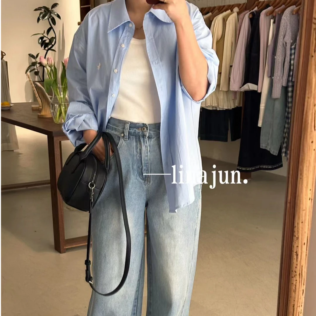 2.15春夏新款百搭日系休闲风宽松阔版刺绣小标纯棉净版衬衫