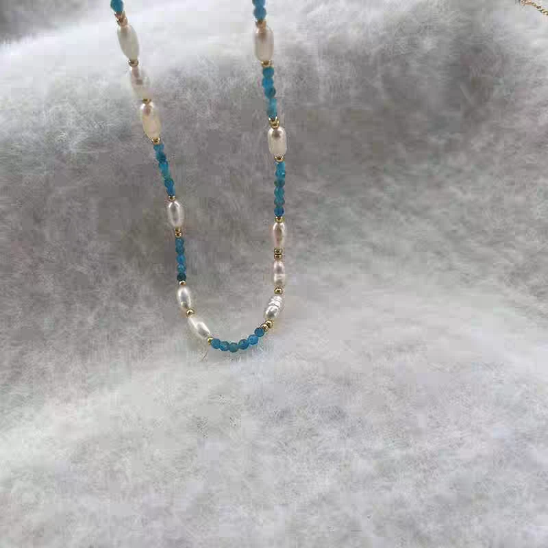 铜合金仿珍珠项链 小众清冷冰岛蓝串珠项链套装温柔百搭气质首饰