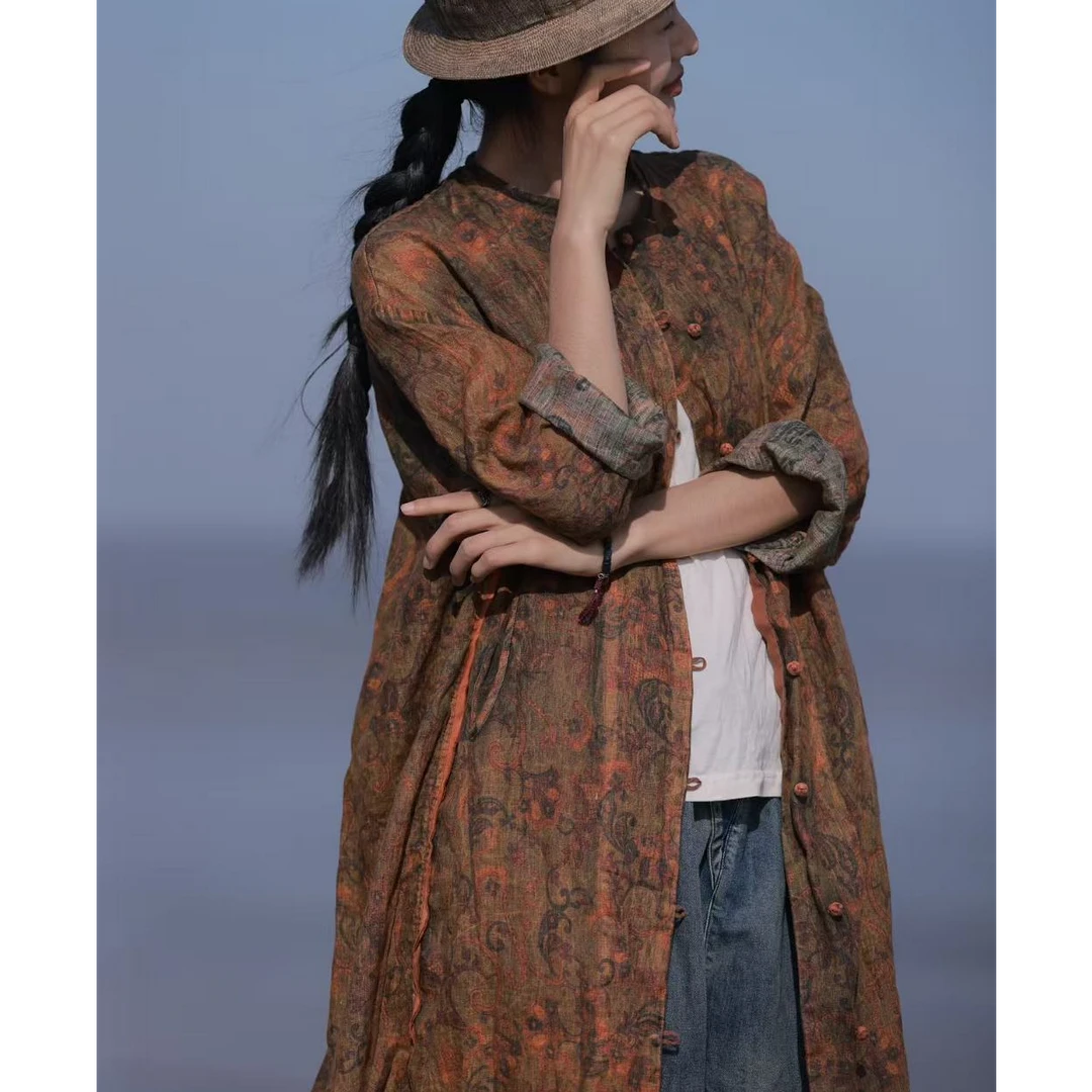 荼-原创亚麻手工扣单层中长开衫袍子35262