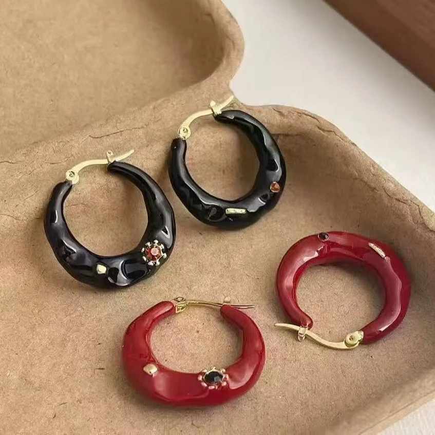 纯铜锆石耳饰 耳饰红色简约瑞丽风黑色日韩耳环百搭复古女时尚
