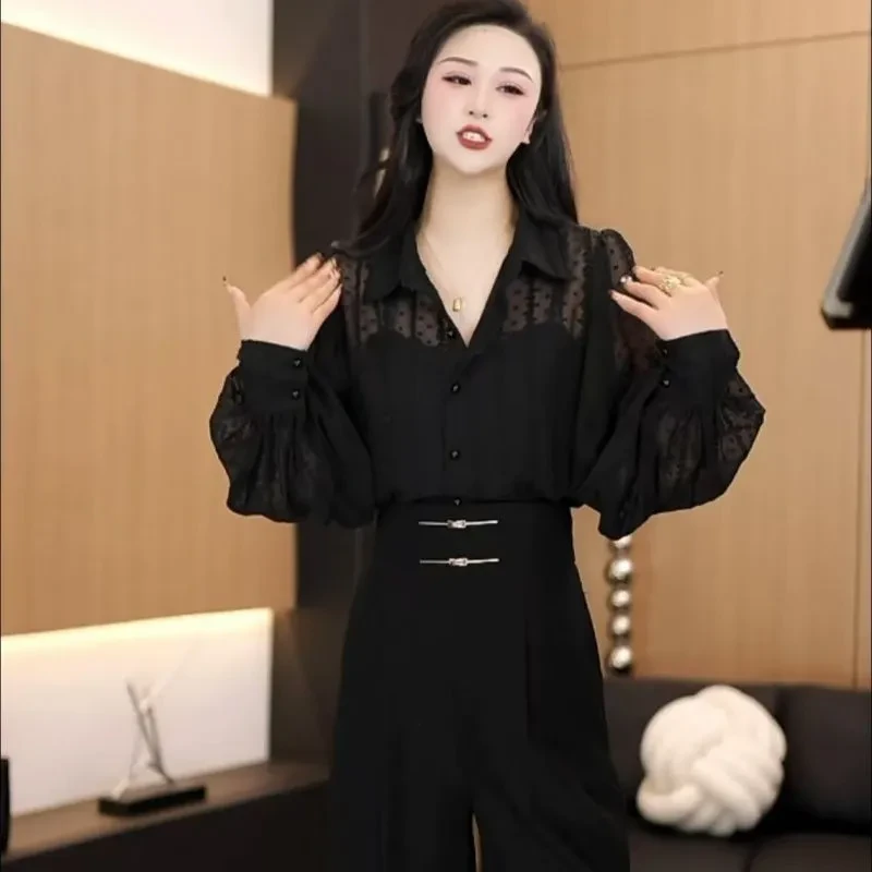 网红新品时尚显瘦遮肚子气质衬衫遮肉百搭洋气长袖黑色外搭衬衣女