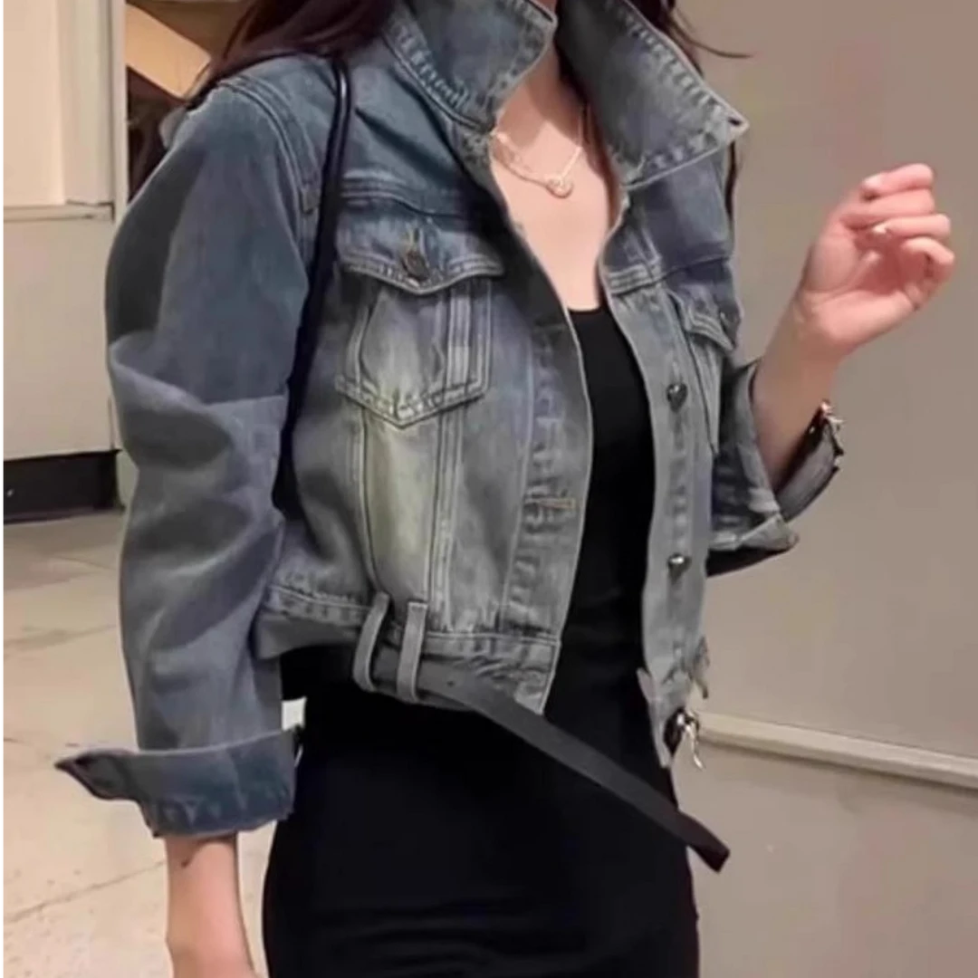 港风复古做旧水洗牛仔外套女春秋时尚个性别致宽松短款夹克上衣潮