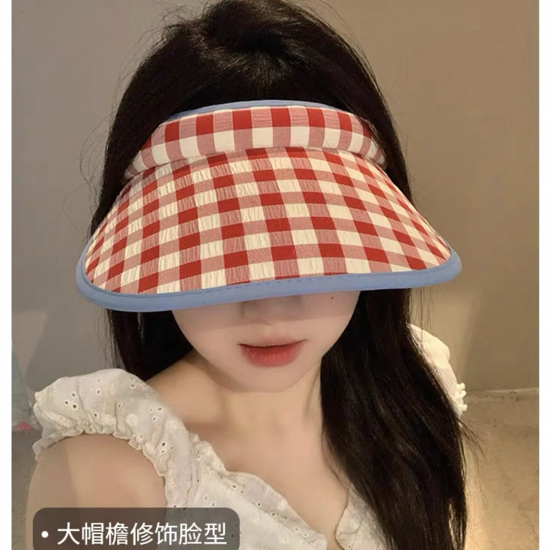 可爱格子空顶防晒帽女夏季防紫外线遮阳帽子学生2025新款出游大檐