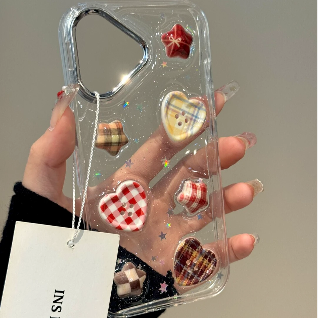 高级感闪粉爱心纽扣适用苹果16手机壳iphone15小众14promax透明13