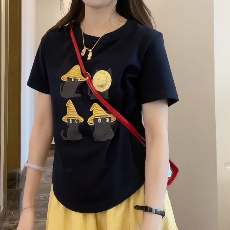 【魔法帽猫】夏季新款可爱趣味猫咪洋气百搭减龄T恤女LK2502686