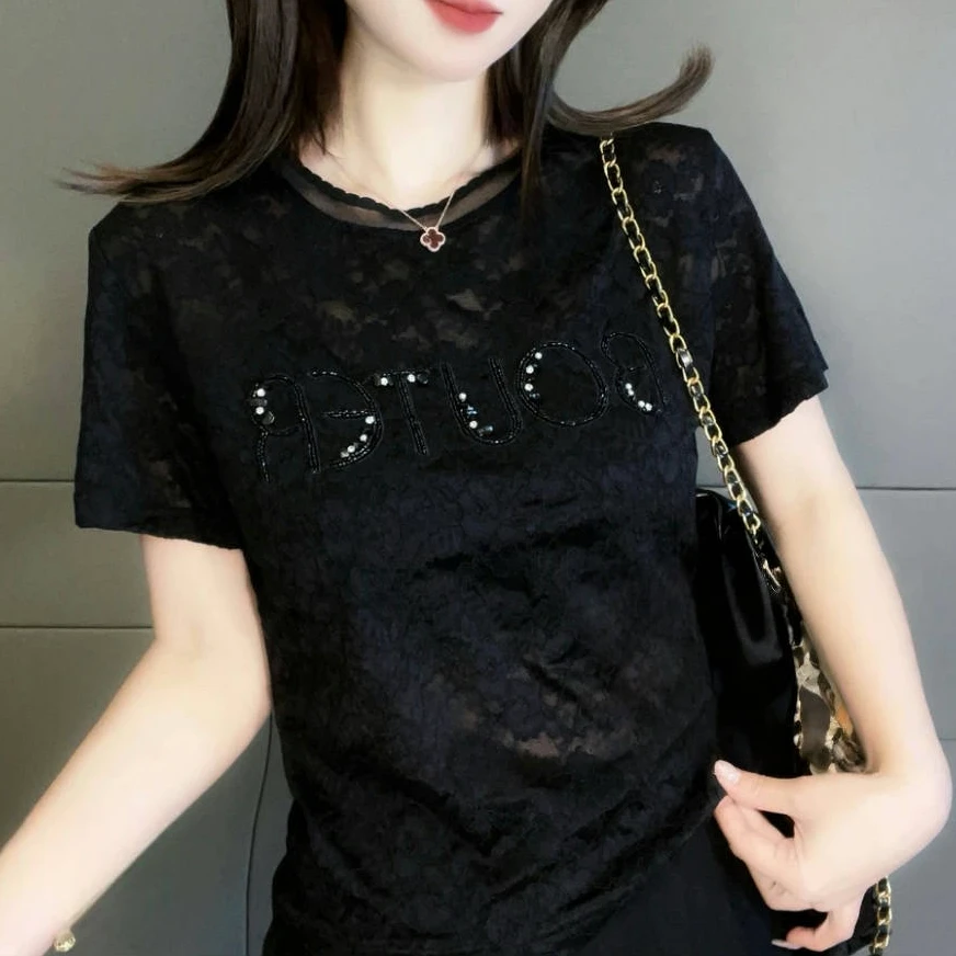 设计感重工蕾丝字母刺绣短袖T恤女2025夏季新款修身显瘦百搭上衣