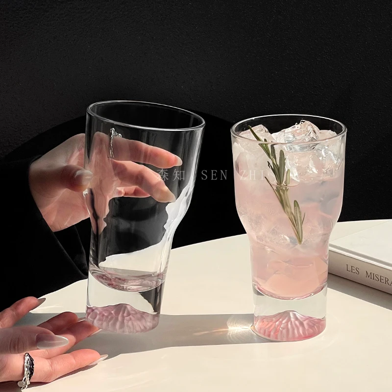 ins风粉色富士山杯女士专用小众设计果汁杯喝水家用杯子玻璃水杯
