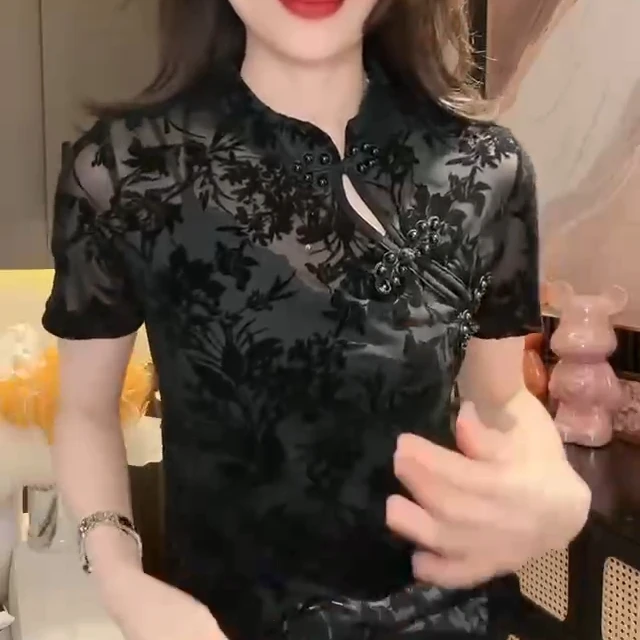 2025春季显瘦打底纯欲风黑色性感蕾丝衬衫洋气小衫新款修身盘扣