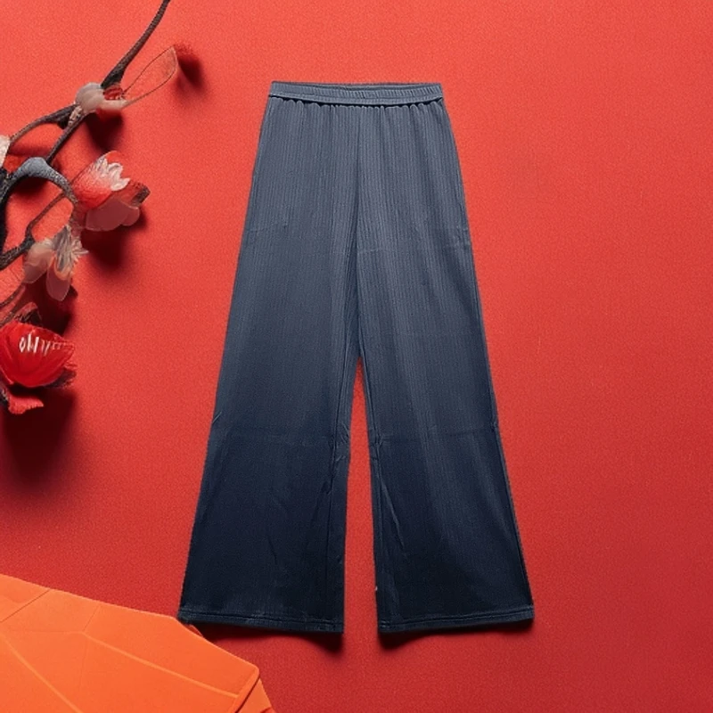 新春款针织真丝女裤长裤桑蚕丝阔腿裤微喇松紧腰休闲 长98脚围56